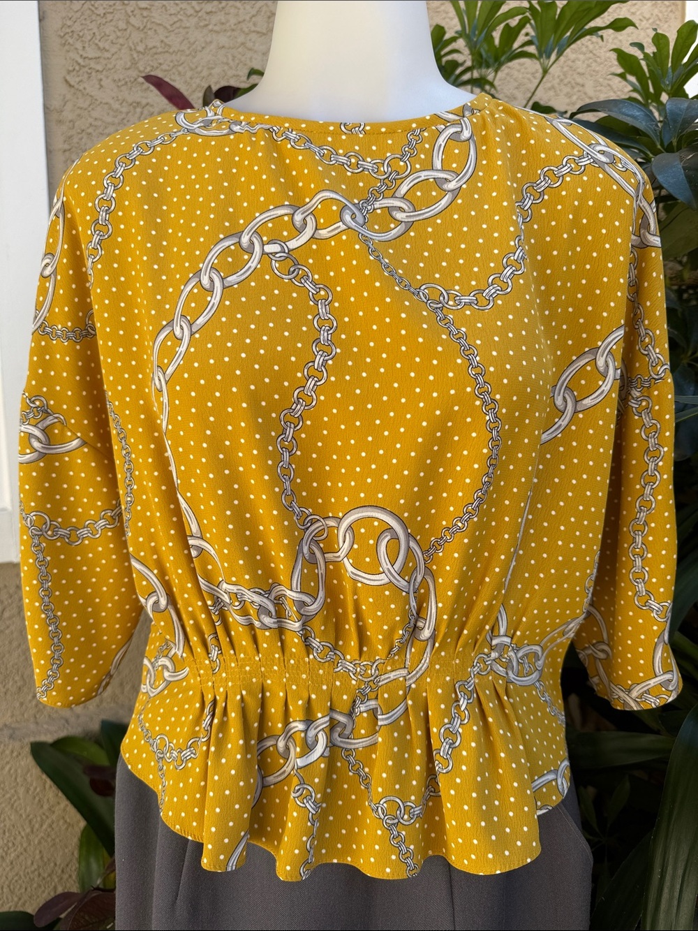 Mango Yellow Polka Dot Chain Print Peplum Blouse